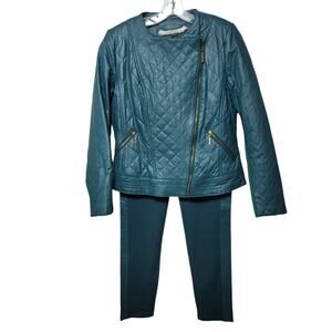 New IMAN Global Chic Emerald Green 100% Leather Moto Jacket Pant Set Size Med